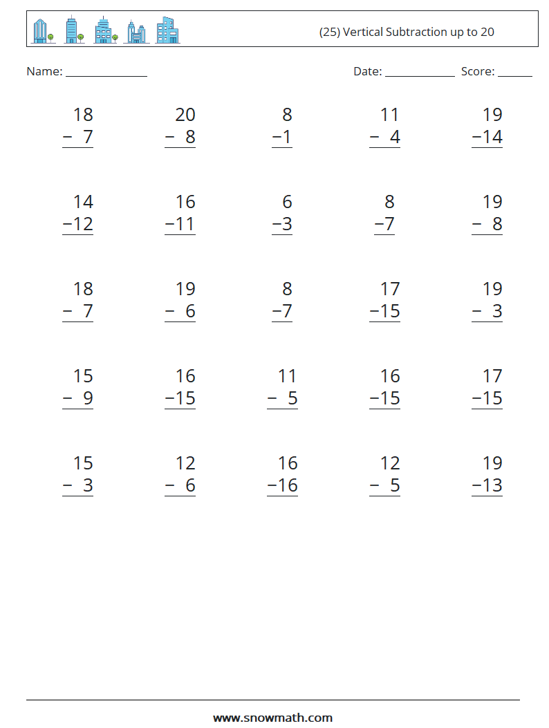 (25) Vertical Subtraction up to 20 Math Worksheets 11