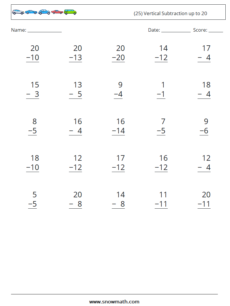(25) Vertical Subtraction up to 20 Math Worksheets 12