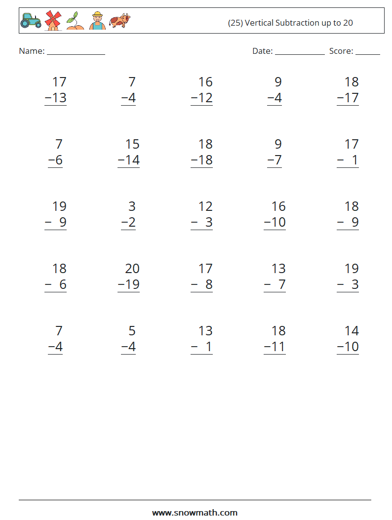 (25) Vertical Subtraction up to 20 Math Worksheets 13