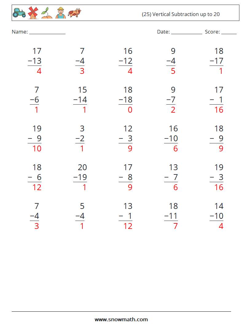 (25) Vertical Subtraction up to 20 Math Worksheets 13 Question, Answer