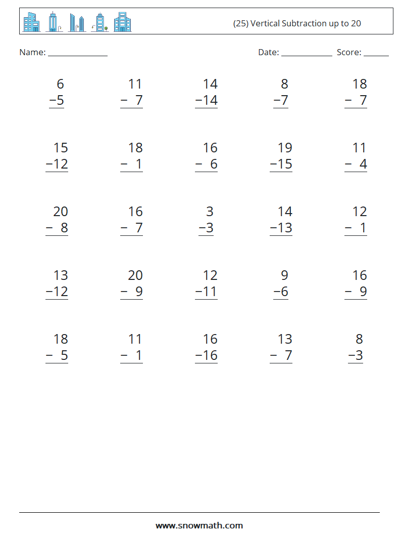 (25) Vertical Subtraction up to 20 Math Worksheets 15