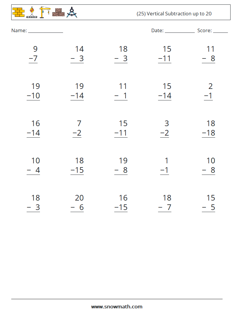 (25) Vertical Subtraction up to 20 Math Worksheets 17