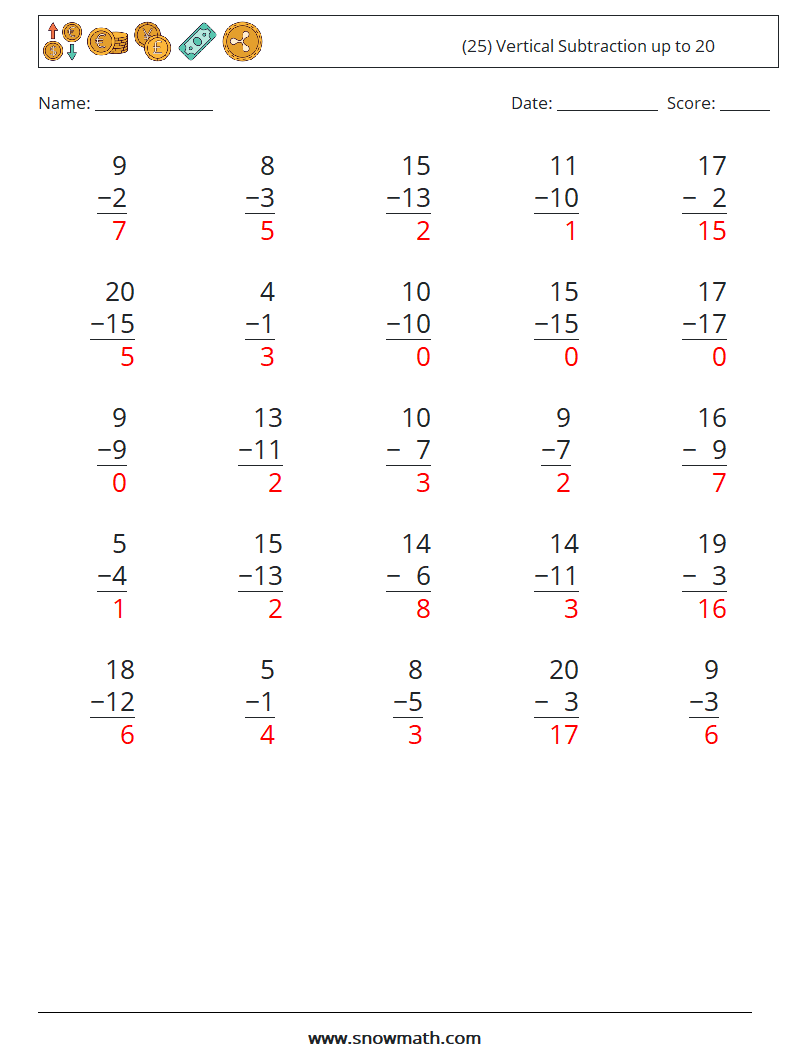 (25) Vertical Subtraction up to 20 Math Worksheets 1 Question, Answer