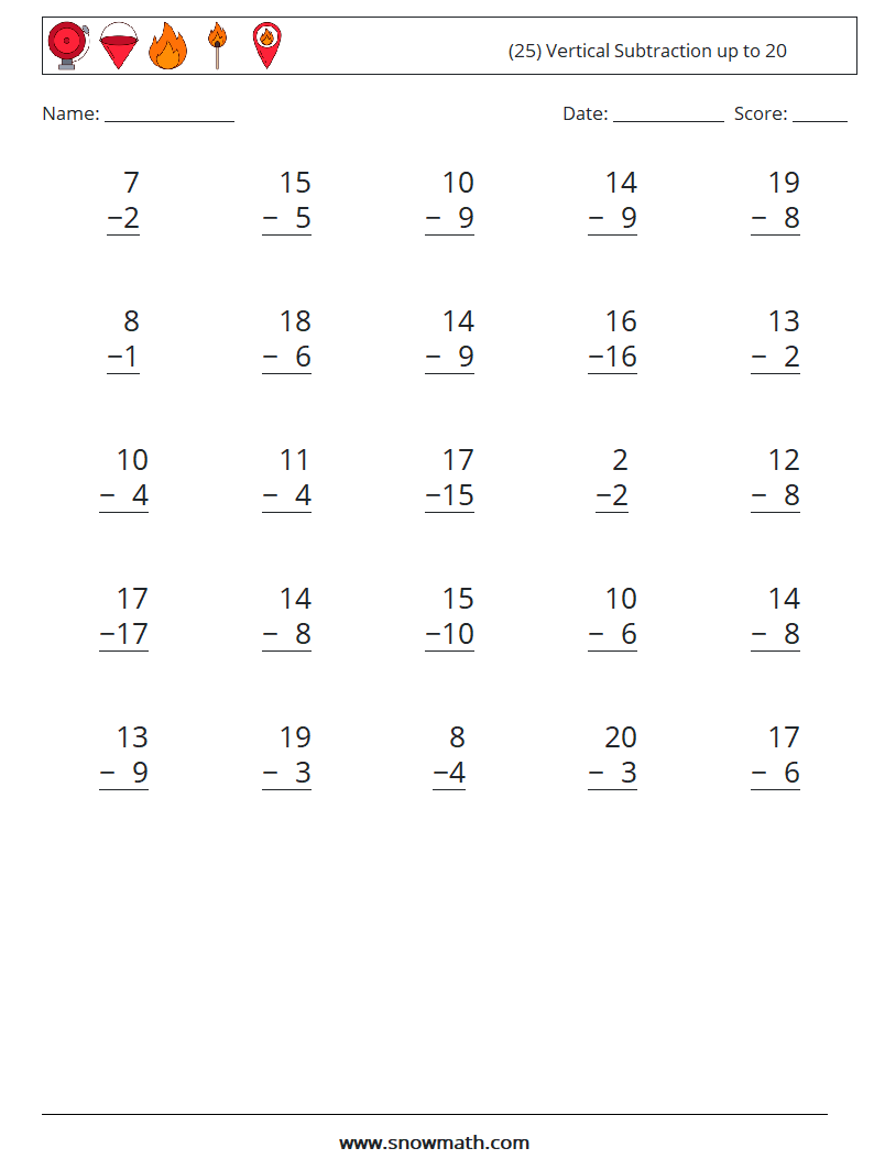 (25) Vertical Subtraction up to 20 Math Worksheets 3