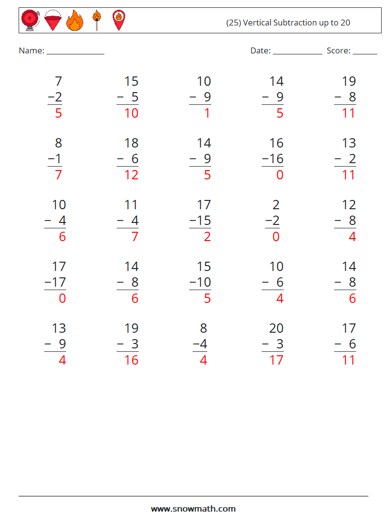 (25) Vertical Subtraction up to 20 Math Worksheets 3 Question, Answer