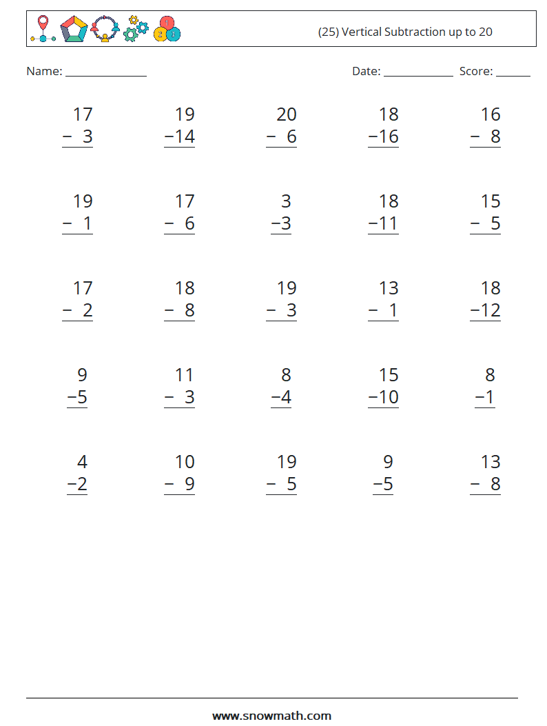 (25) Vertical Subtraction up to 20 Math Worksheets 5