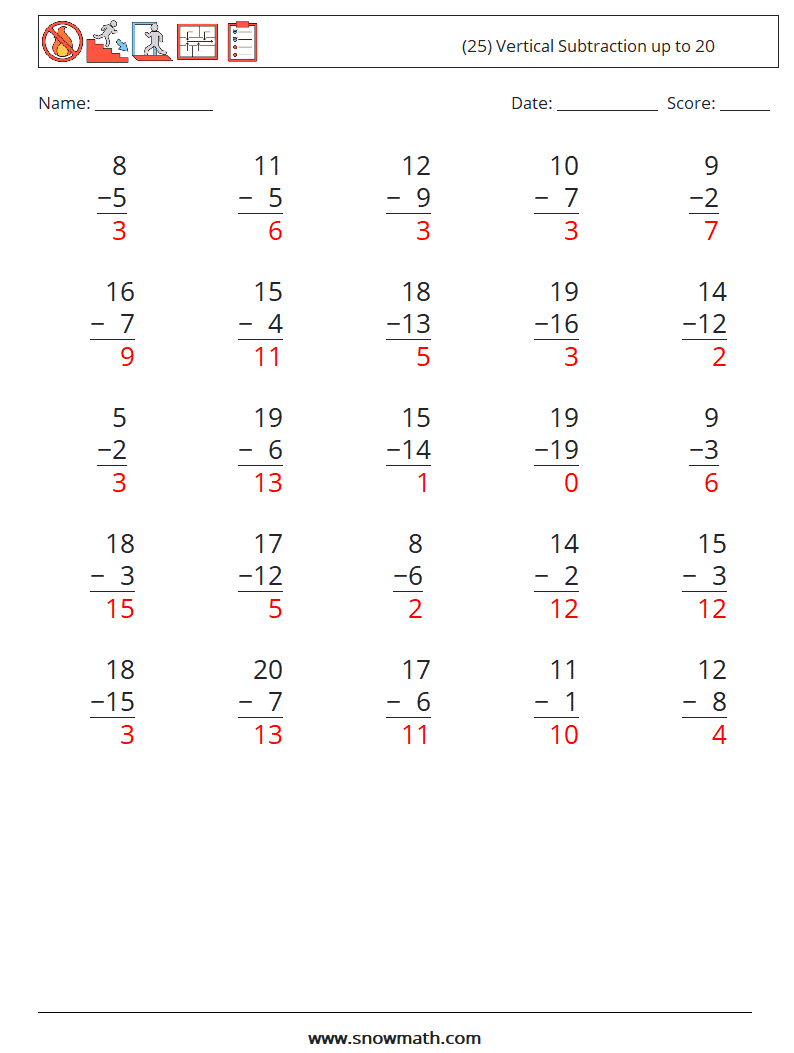 (25) Vertical Subtraction up to 20 Math Worksheets 6 Question, Answer