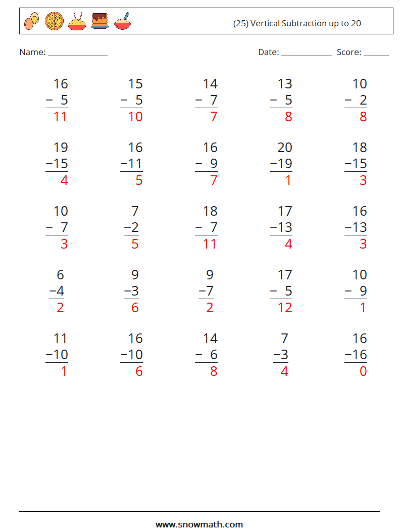 (25) Vertical Subtraction up to 20 Math Worksheets 7 Question, Answer