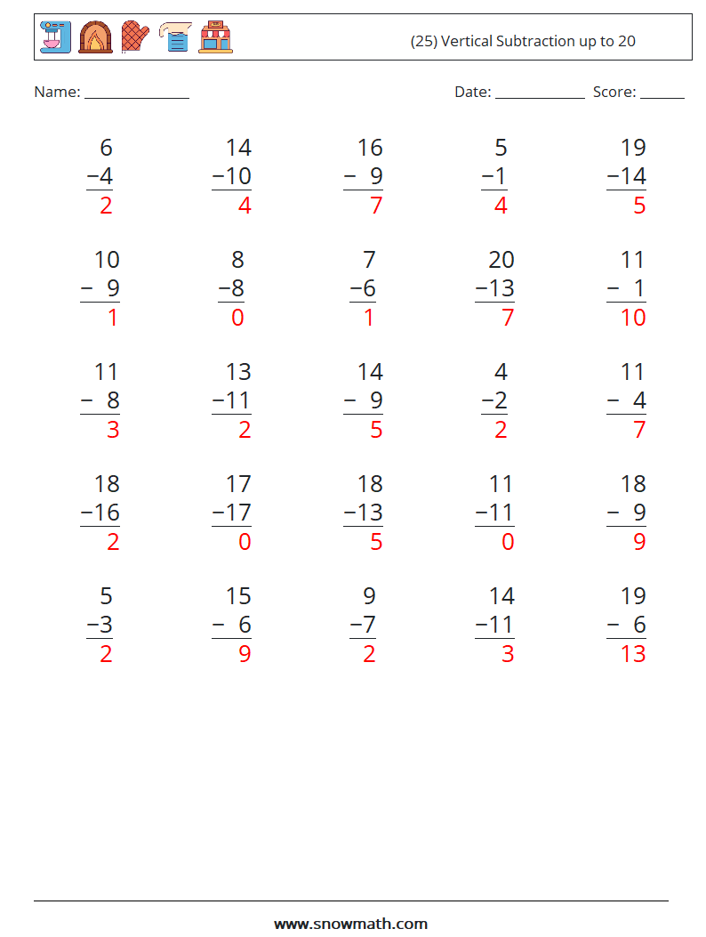 (25) Vertical Subtraction up to 20 Math Worksheets 9 Question, Answer