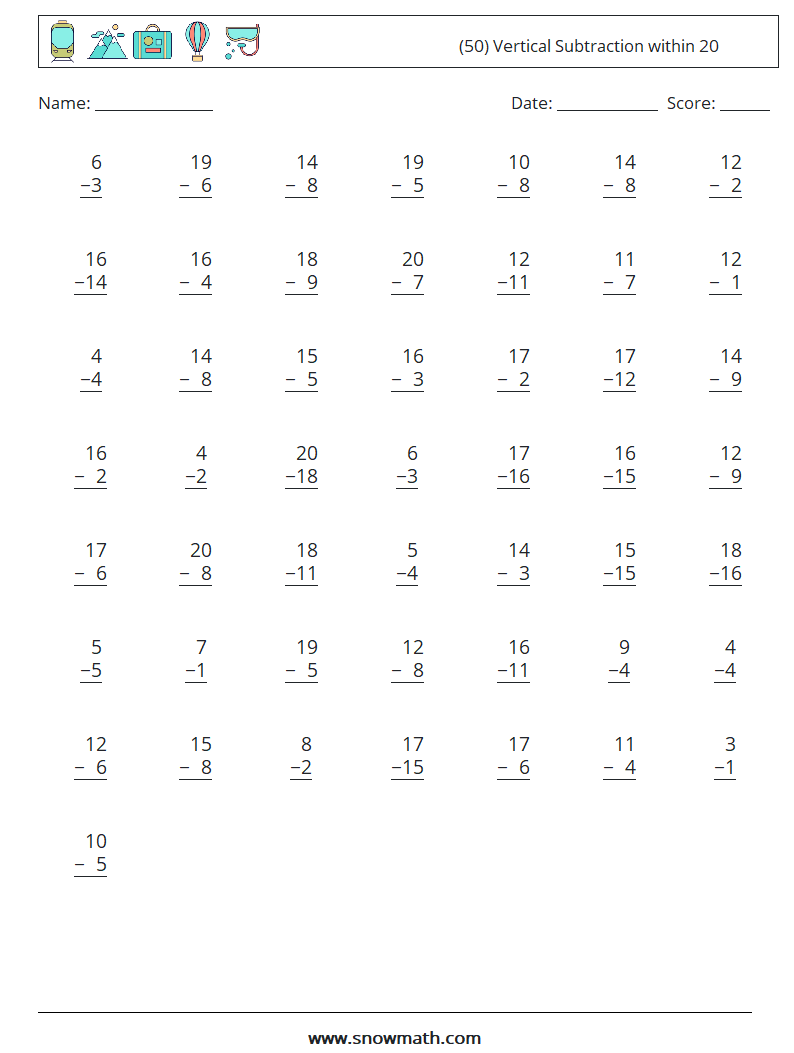 (50) Vertical Subtraction within 20 Math Worksheets 10