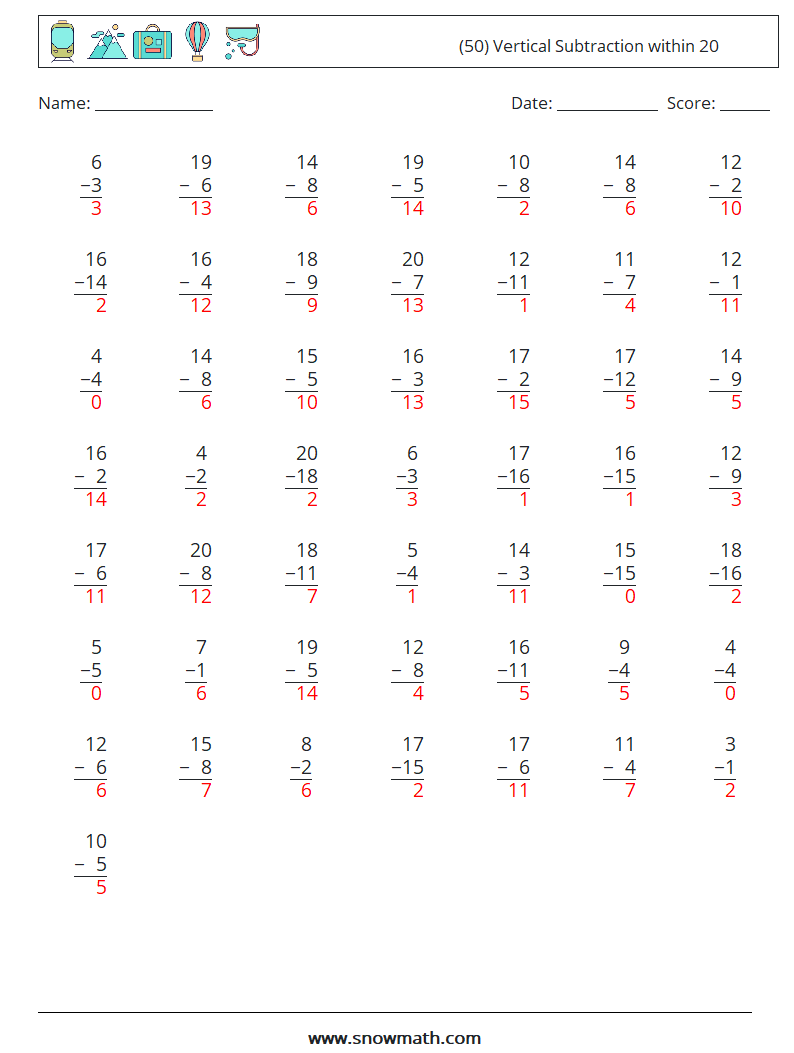 (50) Vertical Subtraction within 20 Math Worksheets 10 Question, Answer