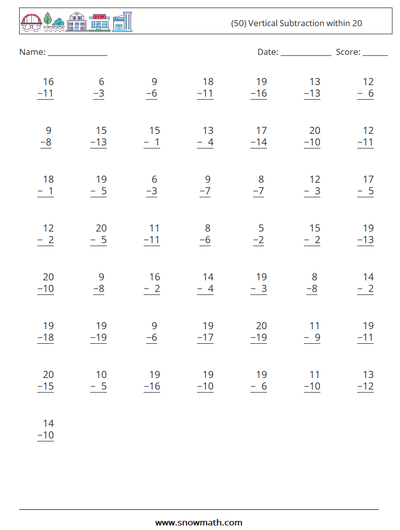 (50) Vertical Subtraction within 20 Math Worksheets 11
