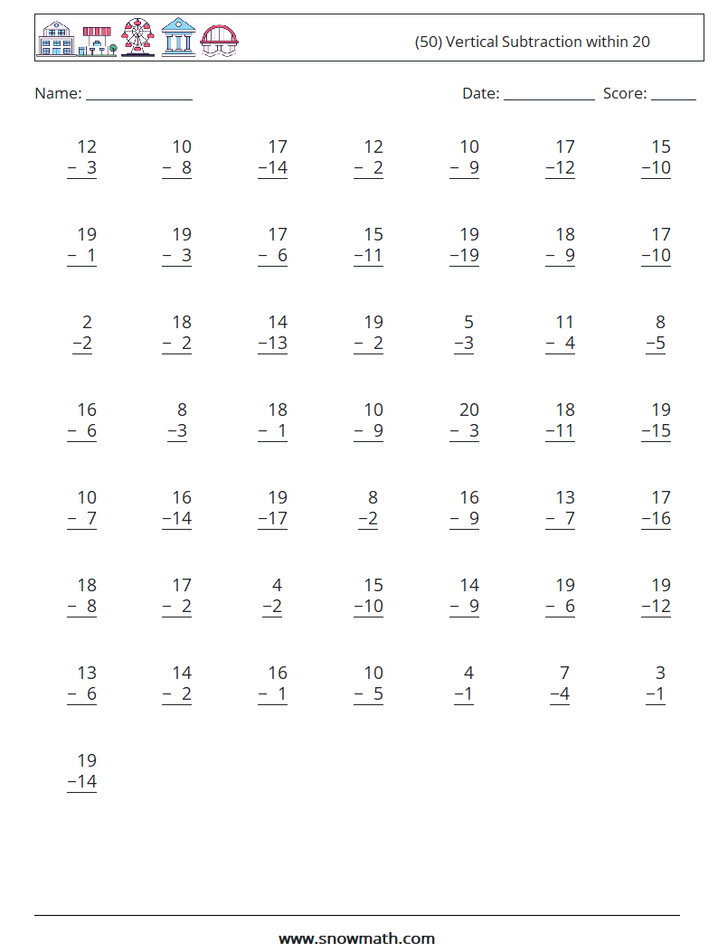 (50) Vertical Subtraction within 20 Math Worksheets 12