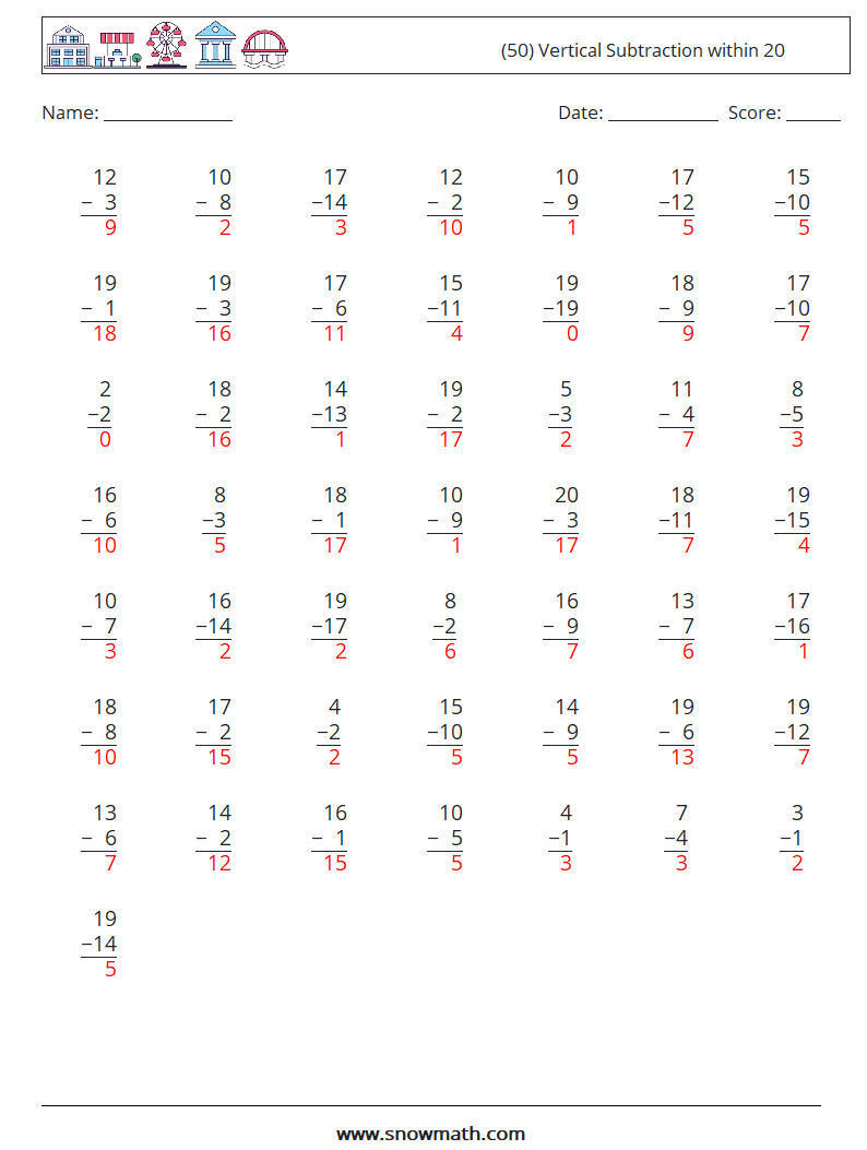 (50) Vertical Subtraction within 20 Math Worksheets 12 Question, Answer