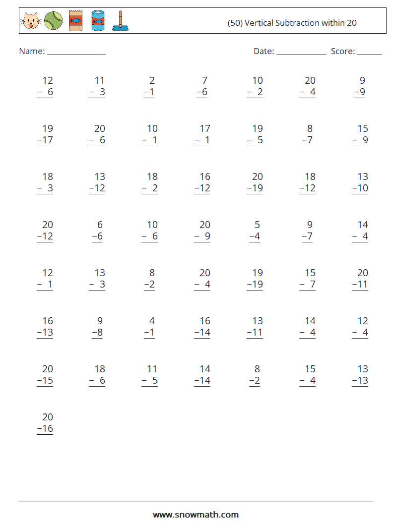 (50) Vertical Subtraction within 20 Math Worksheets 13