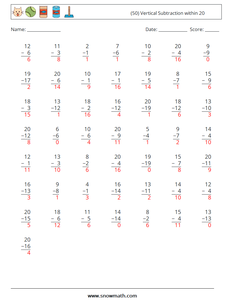 (50) Vertical Subtraction within 20 Math Worksheets 13 Question, Answer