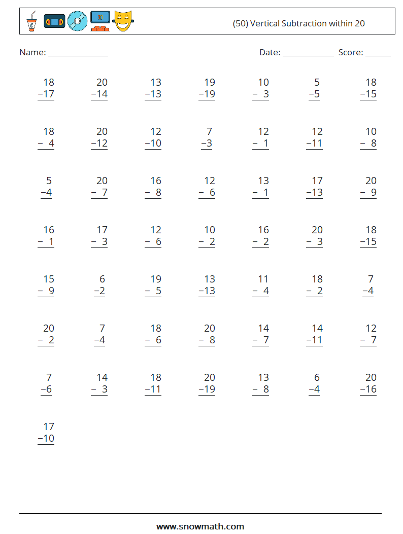 (50) Vertical Subtraction within 20 Math Worksheets 14