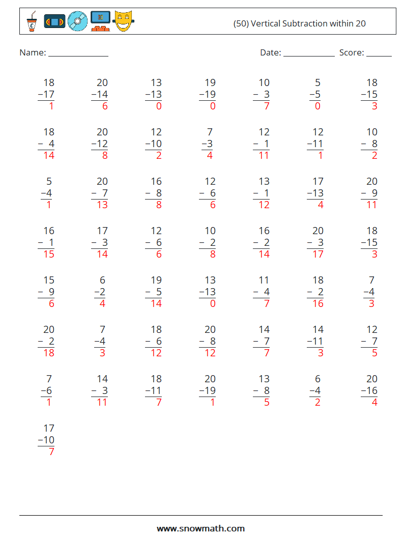 (50) Vertical Subtraction within 20 Math Worksheets 14 Question, Answer