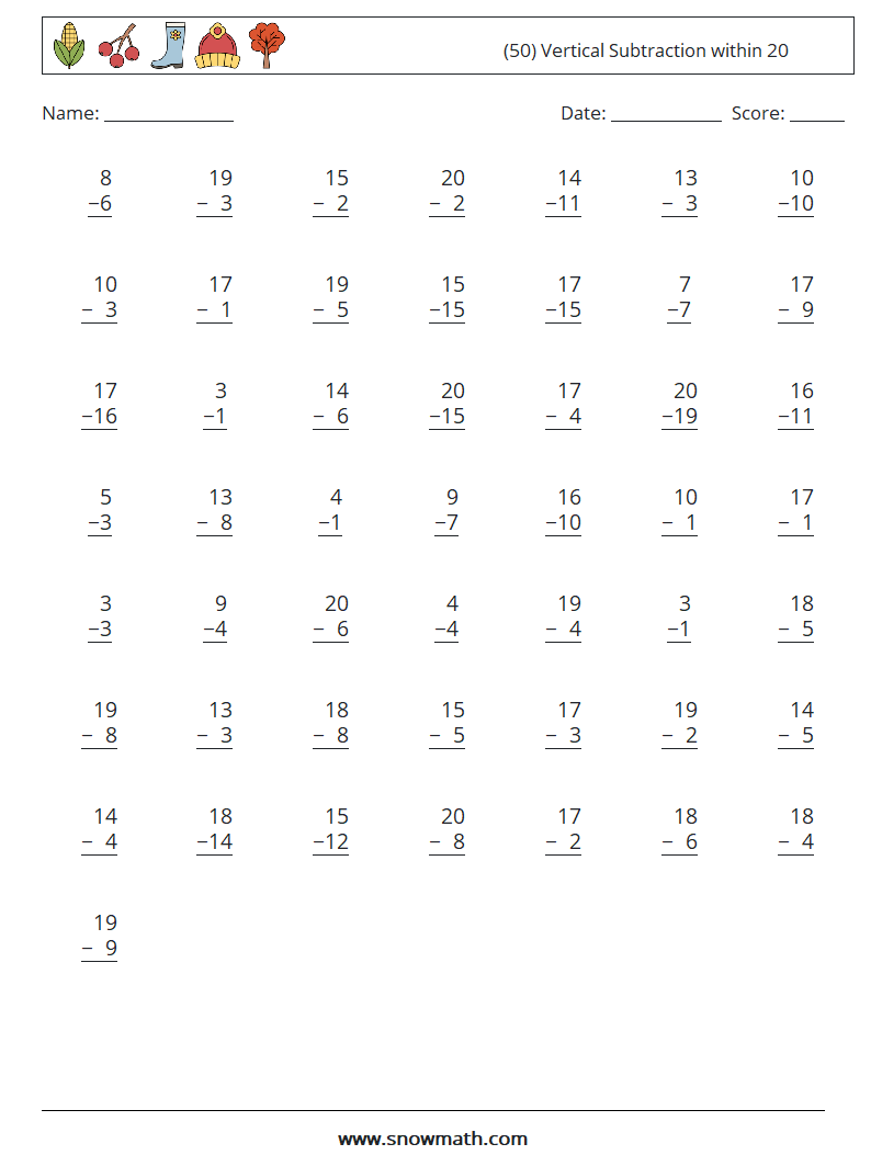 (50) Vertical Subtraction within 20 Math Worksheets 15