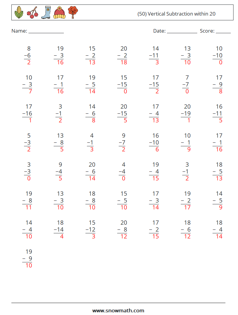 (50) Vertical Subtraction within 20 Math Worksheets 15 Question, Answer