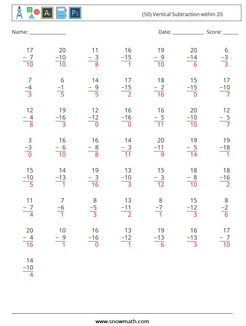 (50) Vertical Subtraction within 20 Math Worksheets 16 Question, Answer