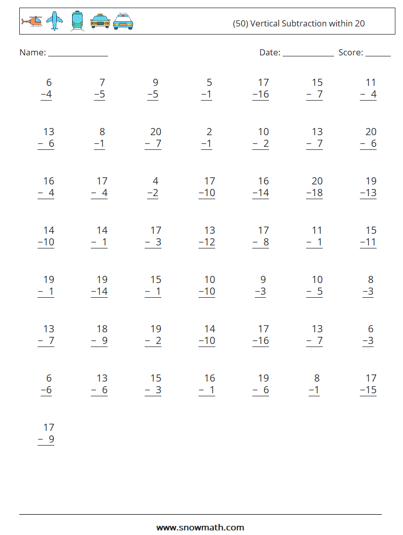 (50) Vertical Subtraction within 20 Math Worksheets 17