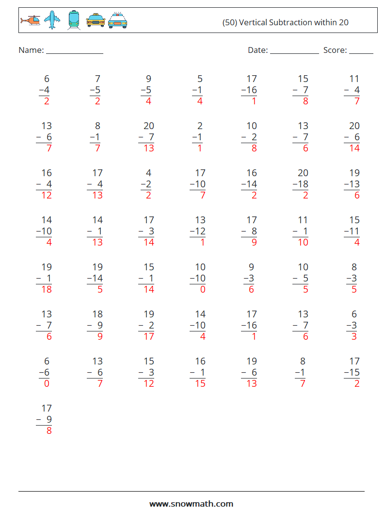 (50) Vertical Subtraction within 20 Math Worksheets 17 Question, Answer