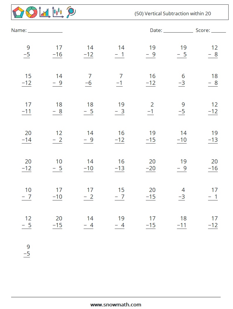 (50) Vertical Subtraction within 20 Math Worksheets 18