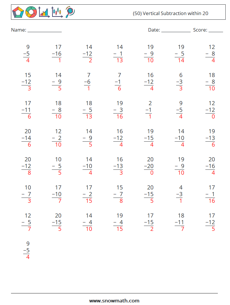 (50) Vertical Subtraction within 20 Math Worksheets 18 Question, Answer