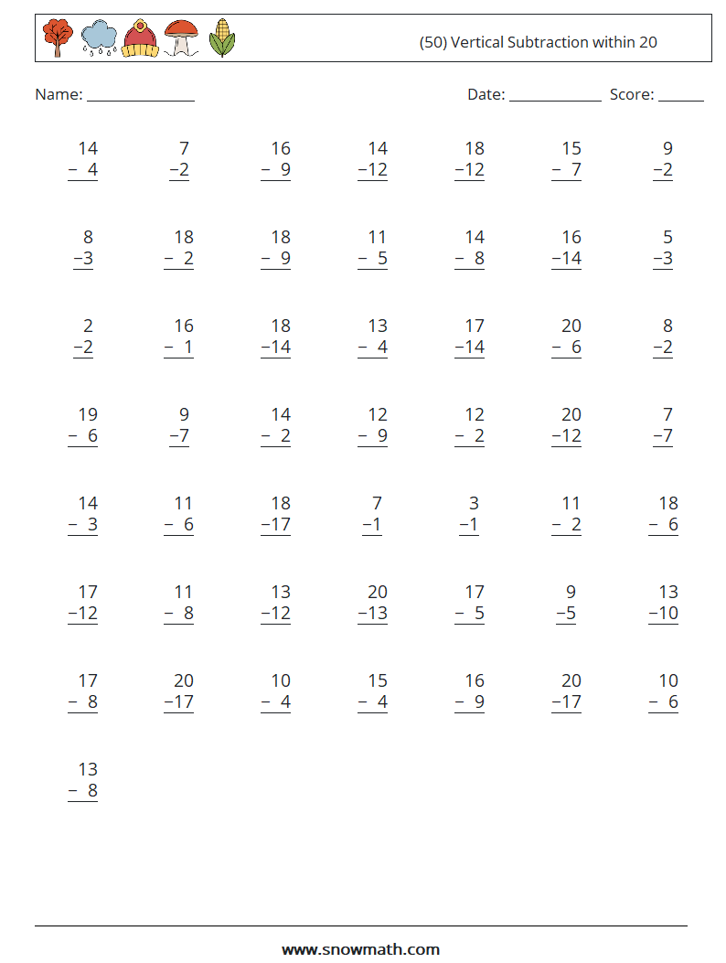 (50) Vertical Subtraction within 20 Math Worksheets 4