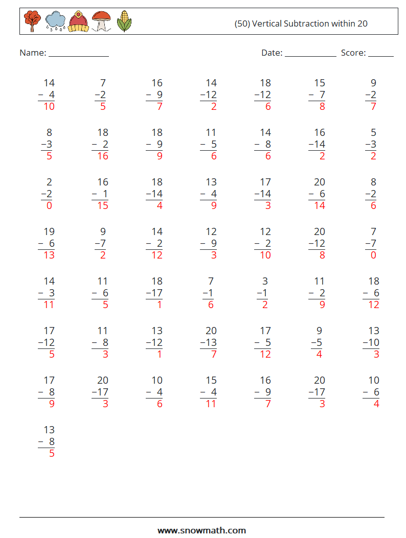 (50) Vertical Subtraction within 20 Math Worksheets 4 Question, Answer