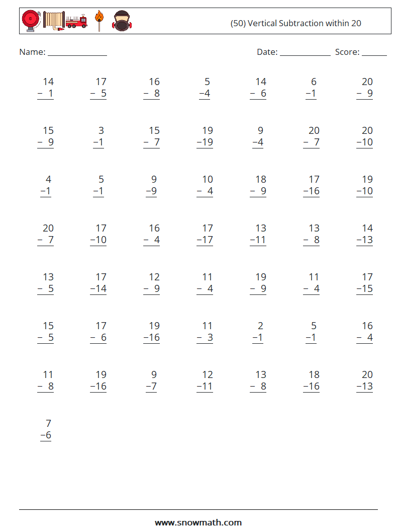 (50) Vertical Subtraction within 20 Math Worksheets 6