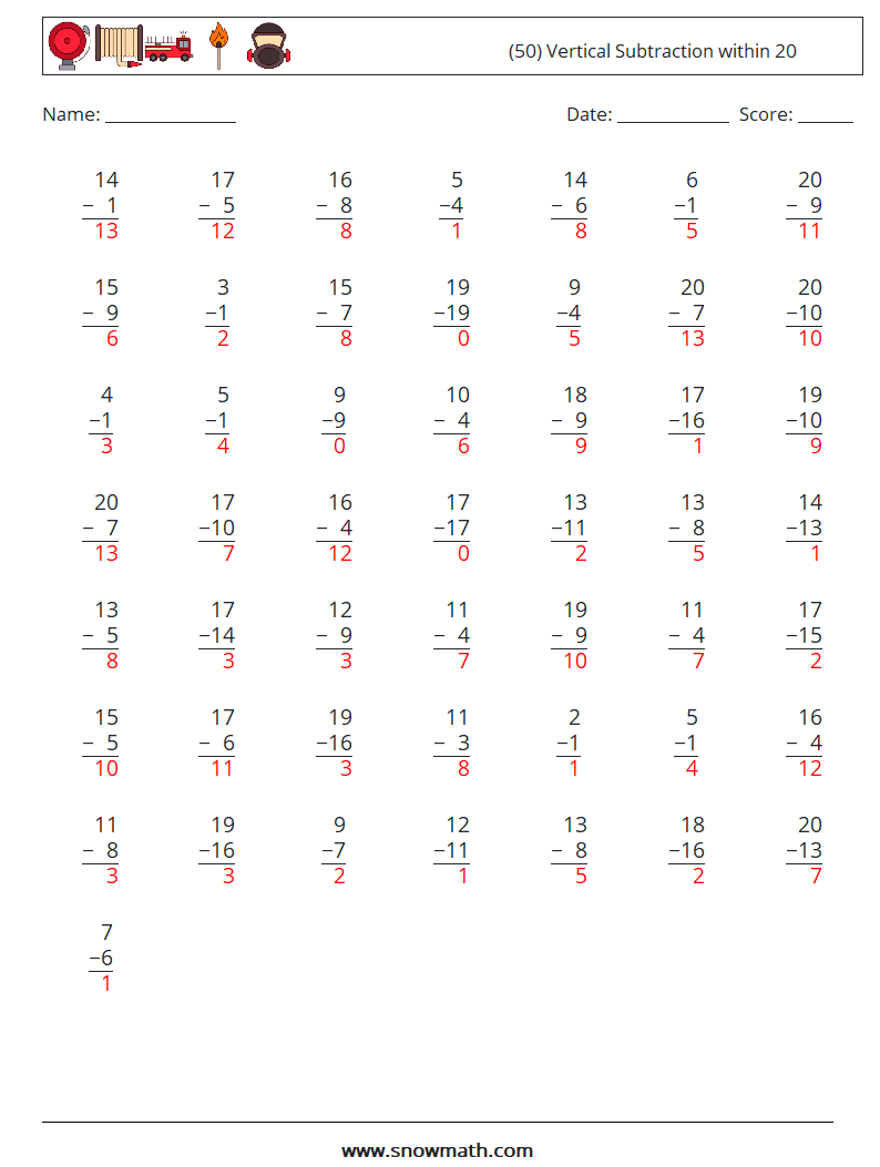 (50) Vertical Subtraction within 20 Math Worksheets 6 Question, Answer