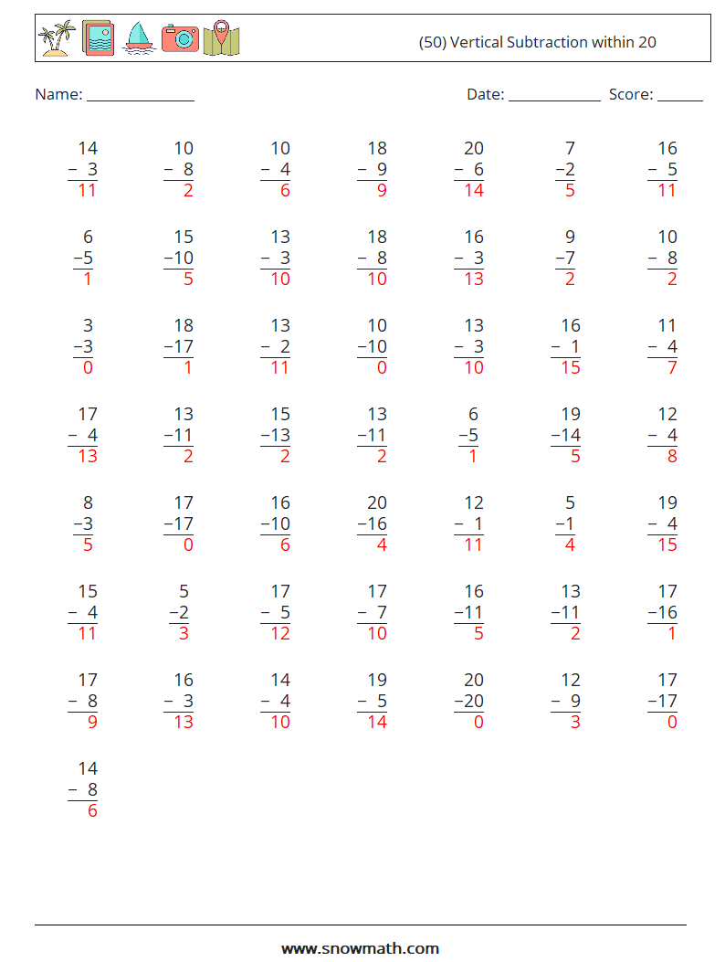 (50) Vertical Subtraction within 20 Math Worksheets 7 Question, Answer