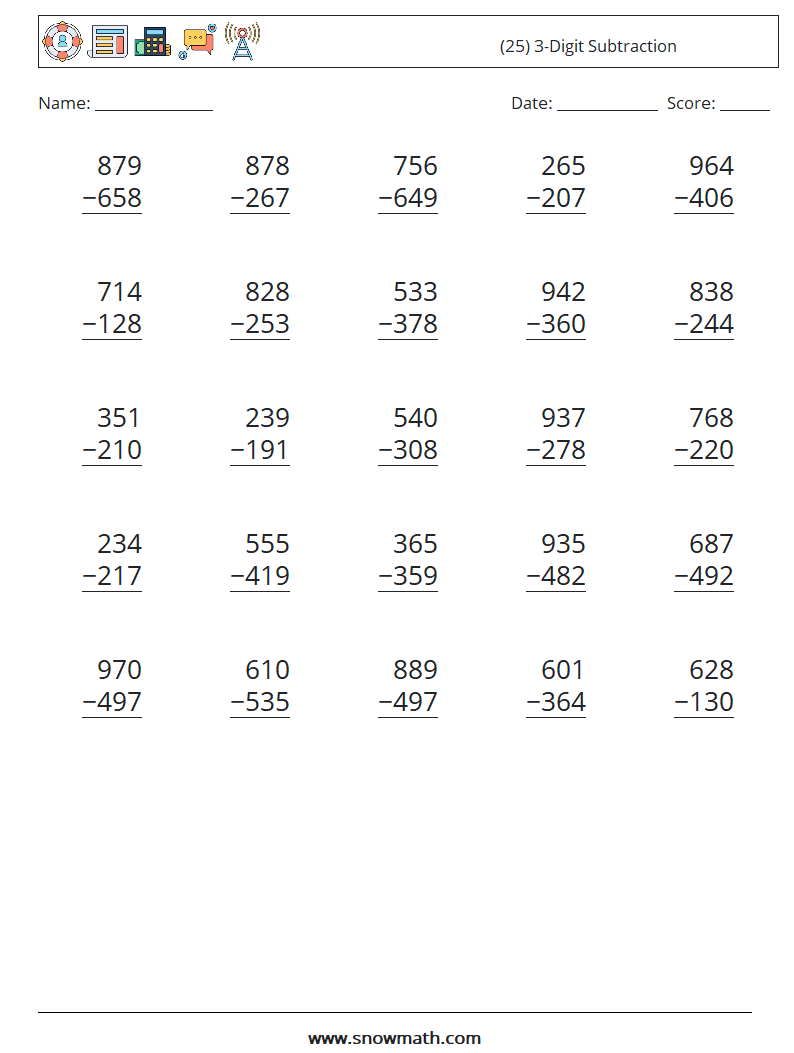 (25) 3-Digit Subtraction Math Worksheets 1