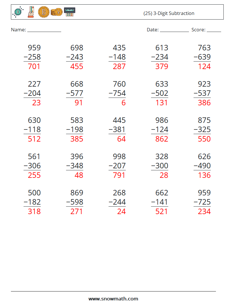 (25) 3-Digit Subtraction Math Worksheets 11 Question, Answer