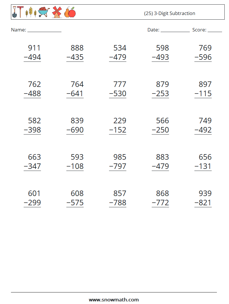 (25) 3-Digit Subtraction Math Worksheets 12