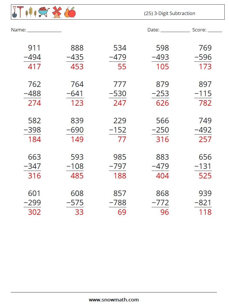 (25) 3-Digit Subtraction Math Worksheets 12 Question, Answer