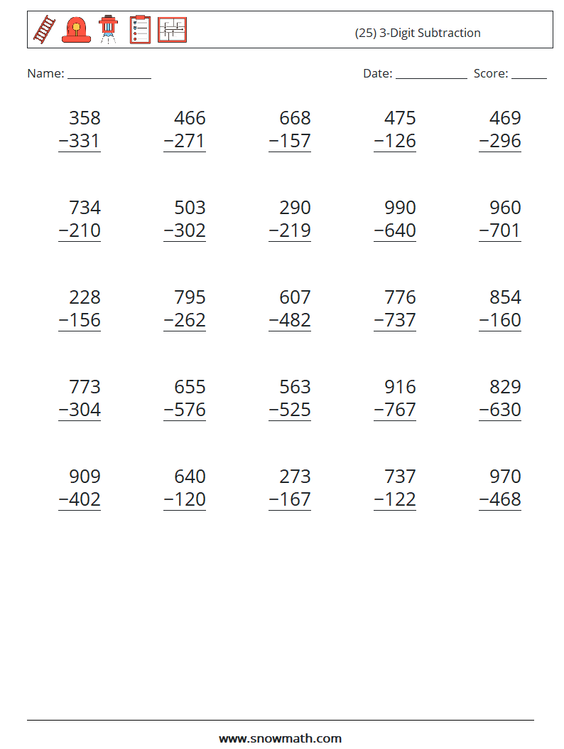 (25) 3-Digit Subtraction Math Worksheets 14