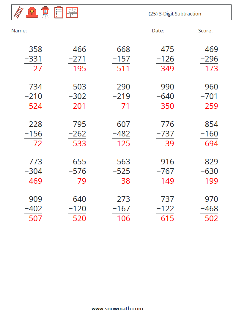 (25) 3-Digit Subtraction Math Worksheets 14 Question, Answer