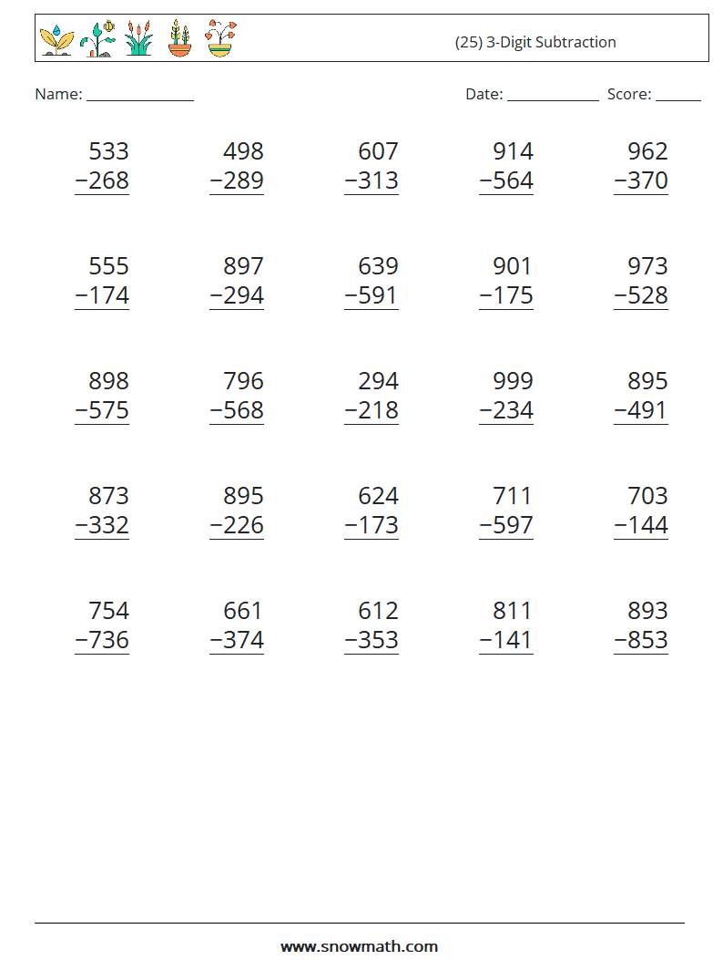 (25) 3-Digit Subtraction Math Worksheets 15