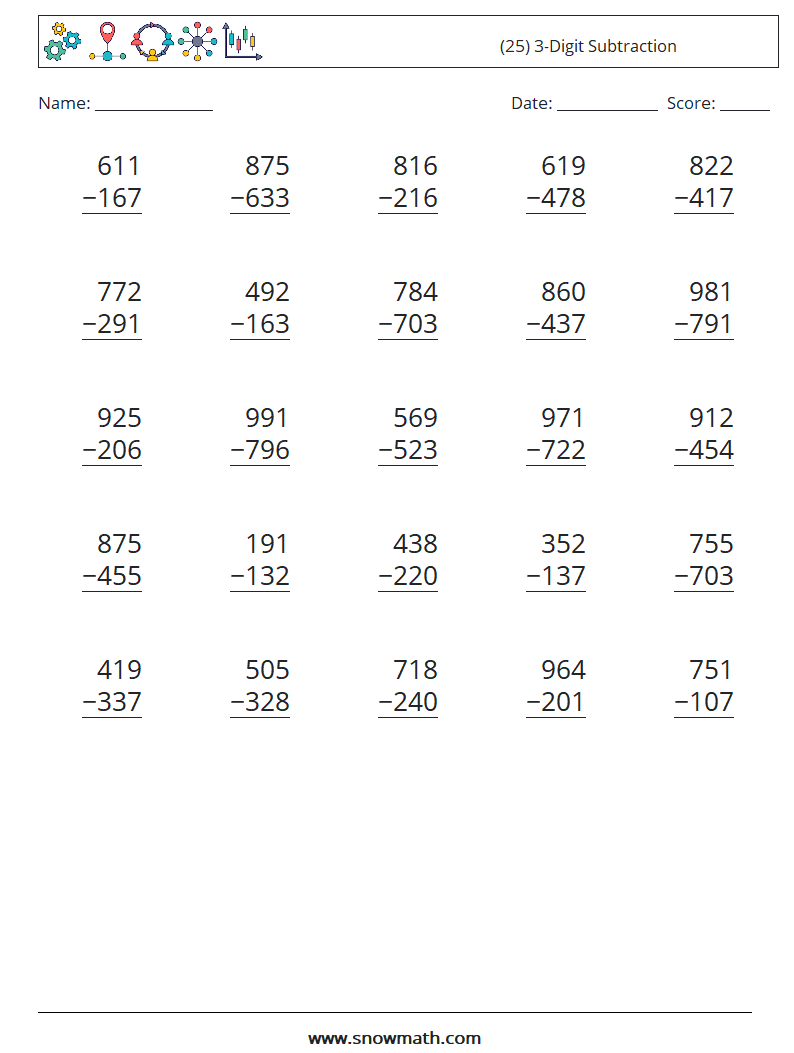(25) 3-Digit Subtraction Math Worksheets 16