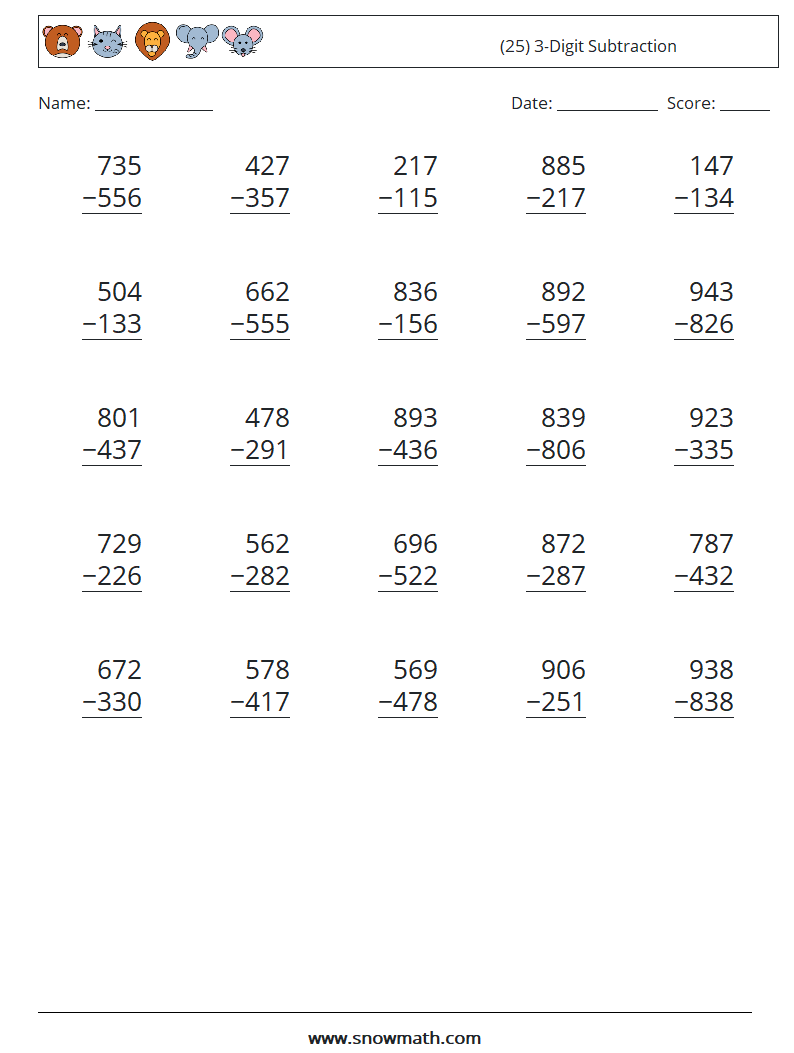 (25) 3-Digit Subtraction Math Worksheets 17