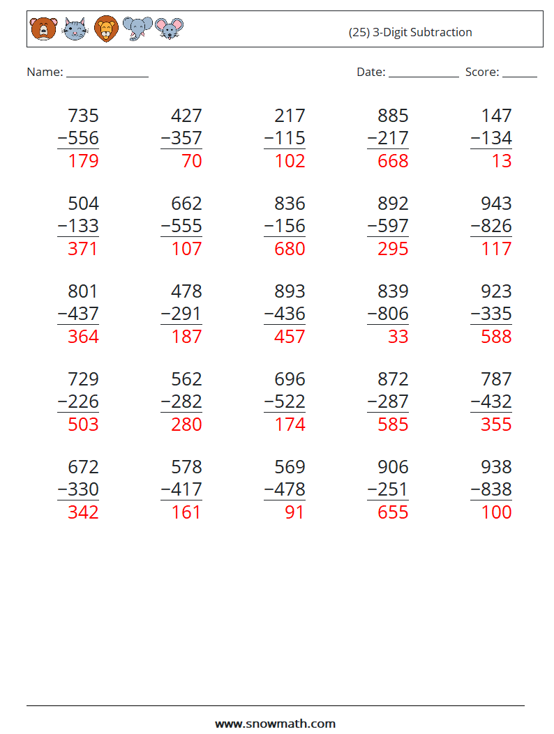 (25) 3-Digit Subtraction Math Worksheets 17 Question, Answer