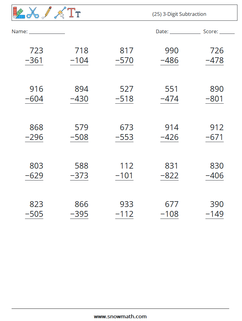 (25) 3-Digit Subtraction Math Worksheets 18