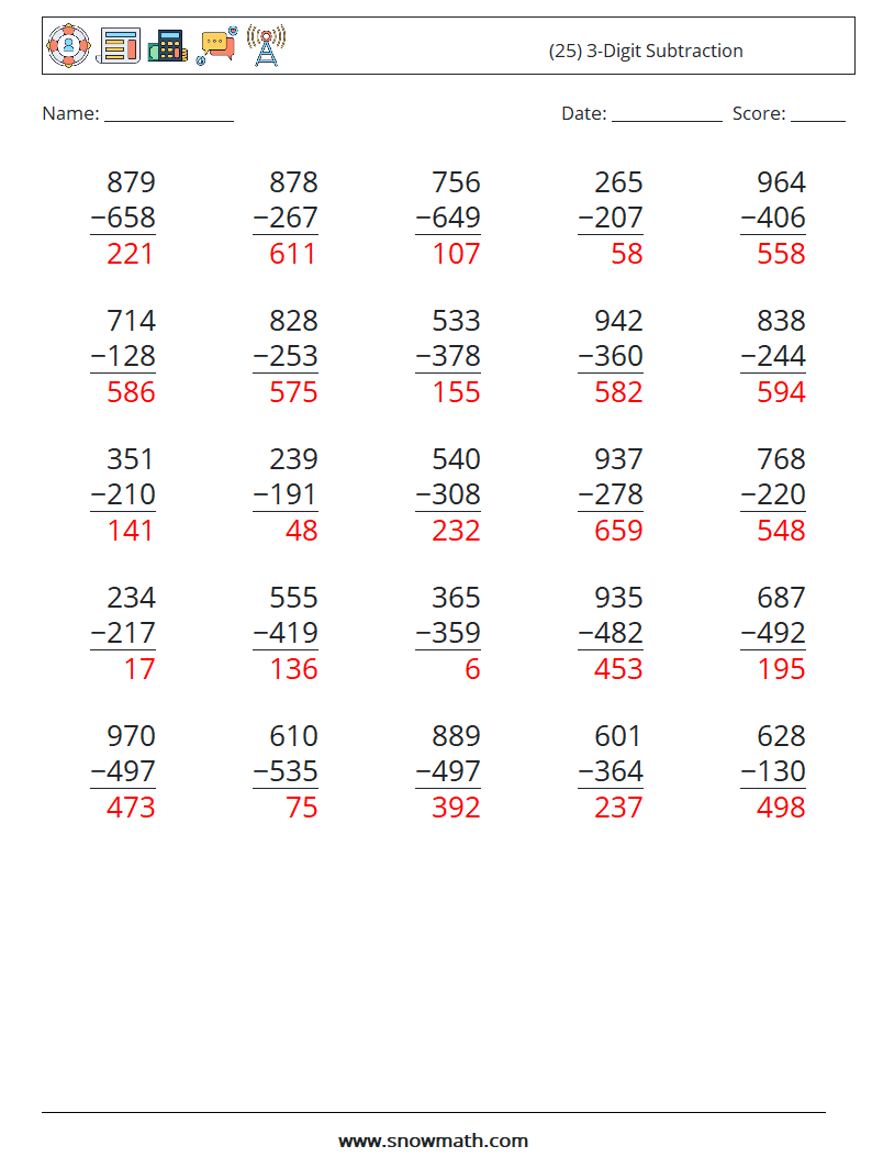 (25) 3-Digit Subtraction Math Worksheets 1 Question, Answer