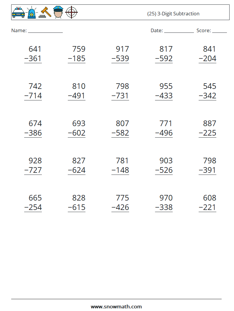 (25) 3-Digit Subtraction Math Worksheets 2