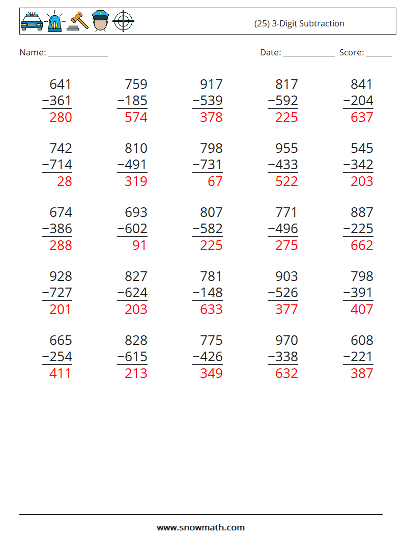 (25) 3-Digit Subtraction Math Worksheets 2 Question, Answer