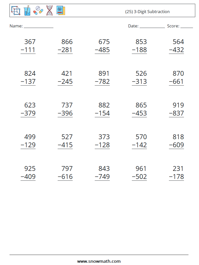 (25) 3-Digit Subtraction Math Worksheets 3