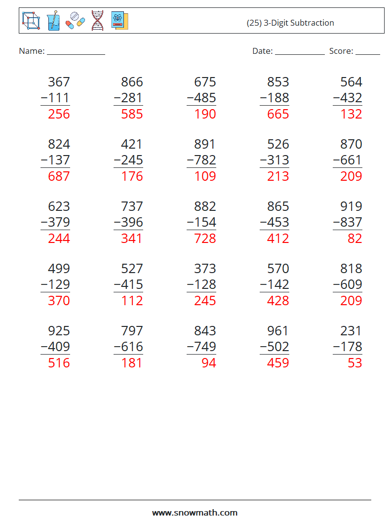 (25) 3-Digit Subtraction Math Worksheets 3 Question, Answer